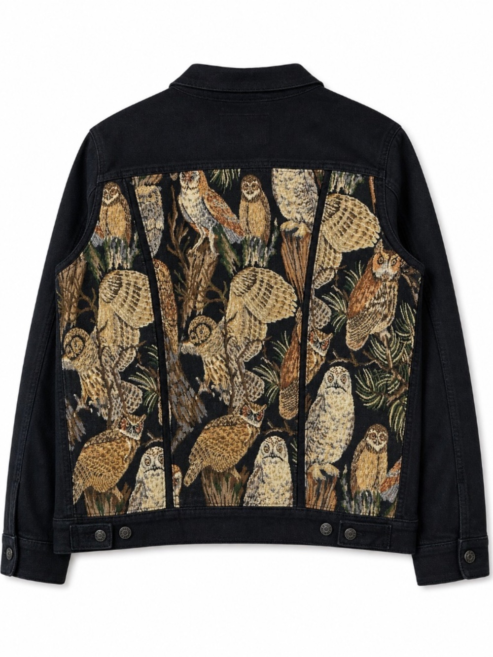 LEVI’S Upcycled Black Denim Jacket Tapestry Back Owl Graphic Trucker XL